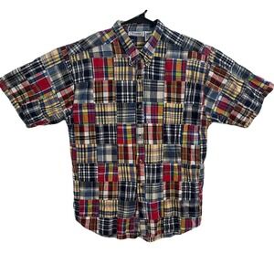 Vintage Bridgewater Madras Patchwork Short Sleeve Button Down Shirt Nepal Sz M